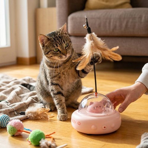 Electric cat feather teaser toy in use