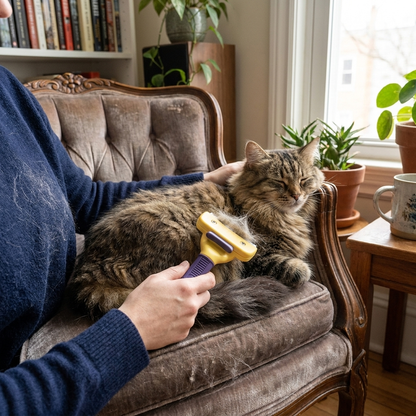 Stainless steel pet grooming brush in use