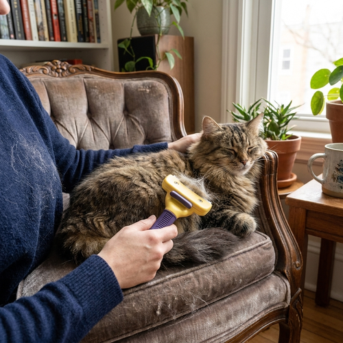 Stainless steel pet grooming brush in use
