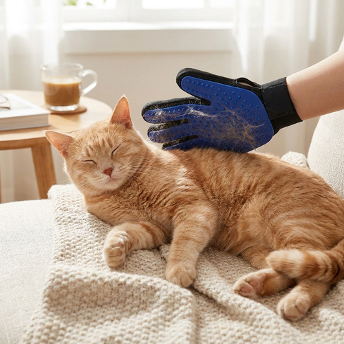 Silicone pet grooming gloves in use