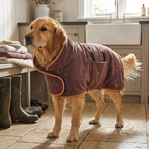 Microfiber dog bathrobe towel in use