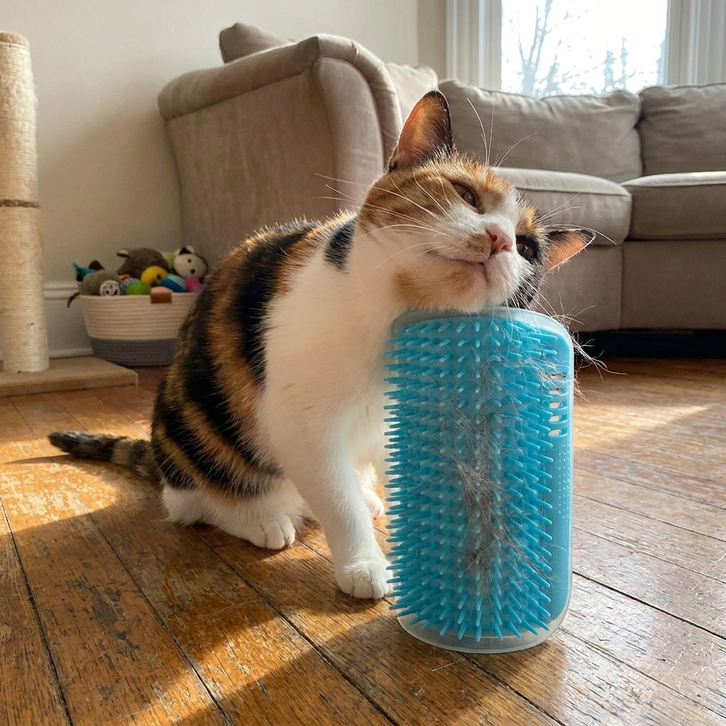 Cat grooming scratcher brush in use