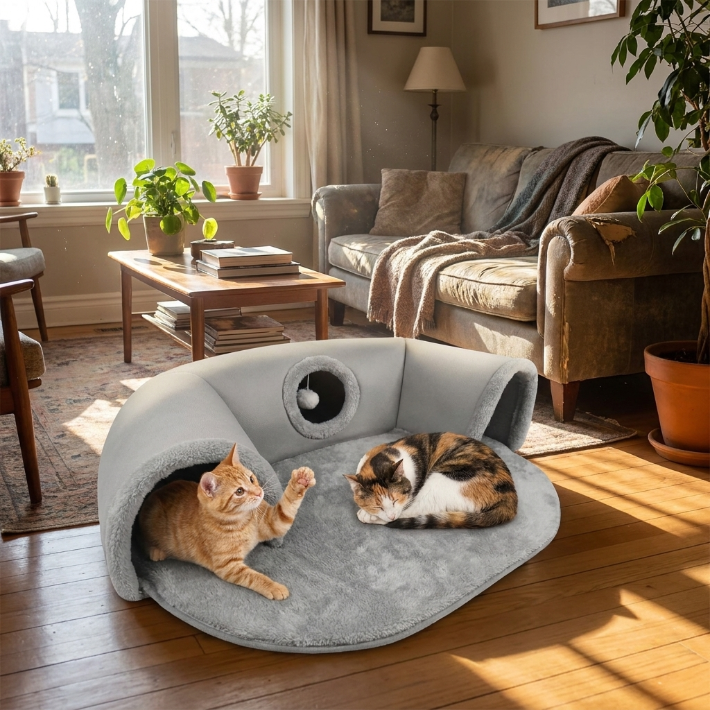 Cozy cat bed house in use
