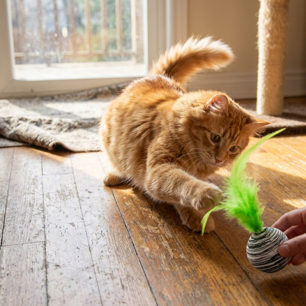 Striped feather ball cat toy in use