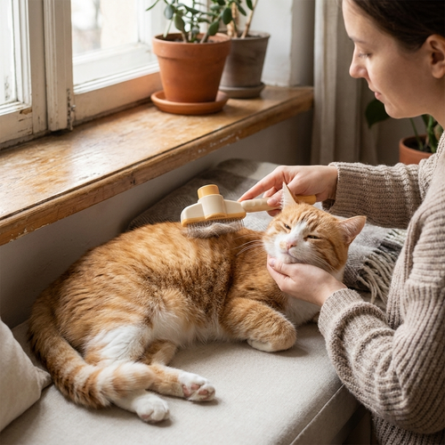 Dog hair remover brush in use