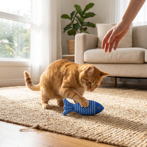 Catnip plush pillow toy in use