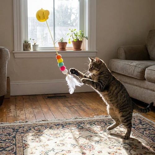 Cat feather wand toy in use
