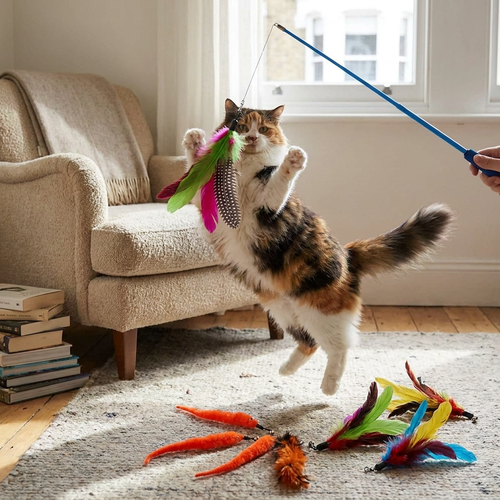 Replacement cat feather toy set in use