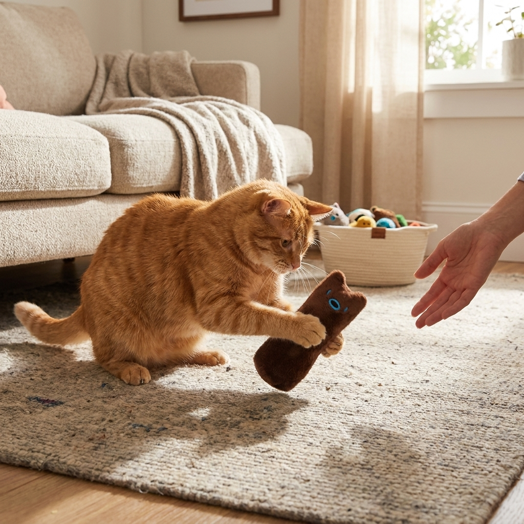 Teeth grinding catnip plush toy in use
