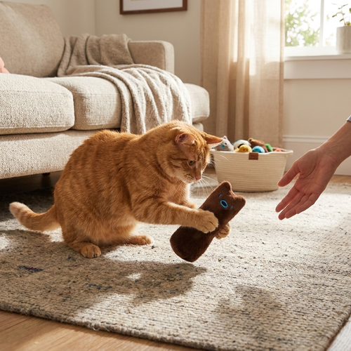 Teeth grinding catnip plush toy in use