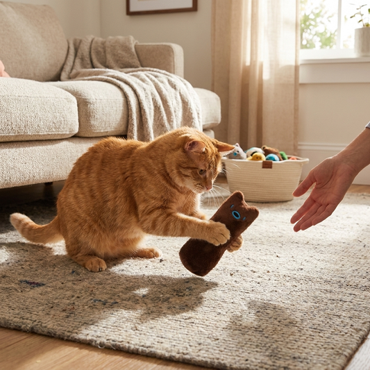 Teeth grinding catnip plush toy in use