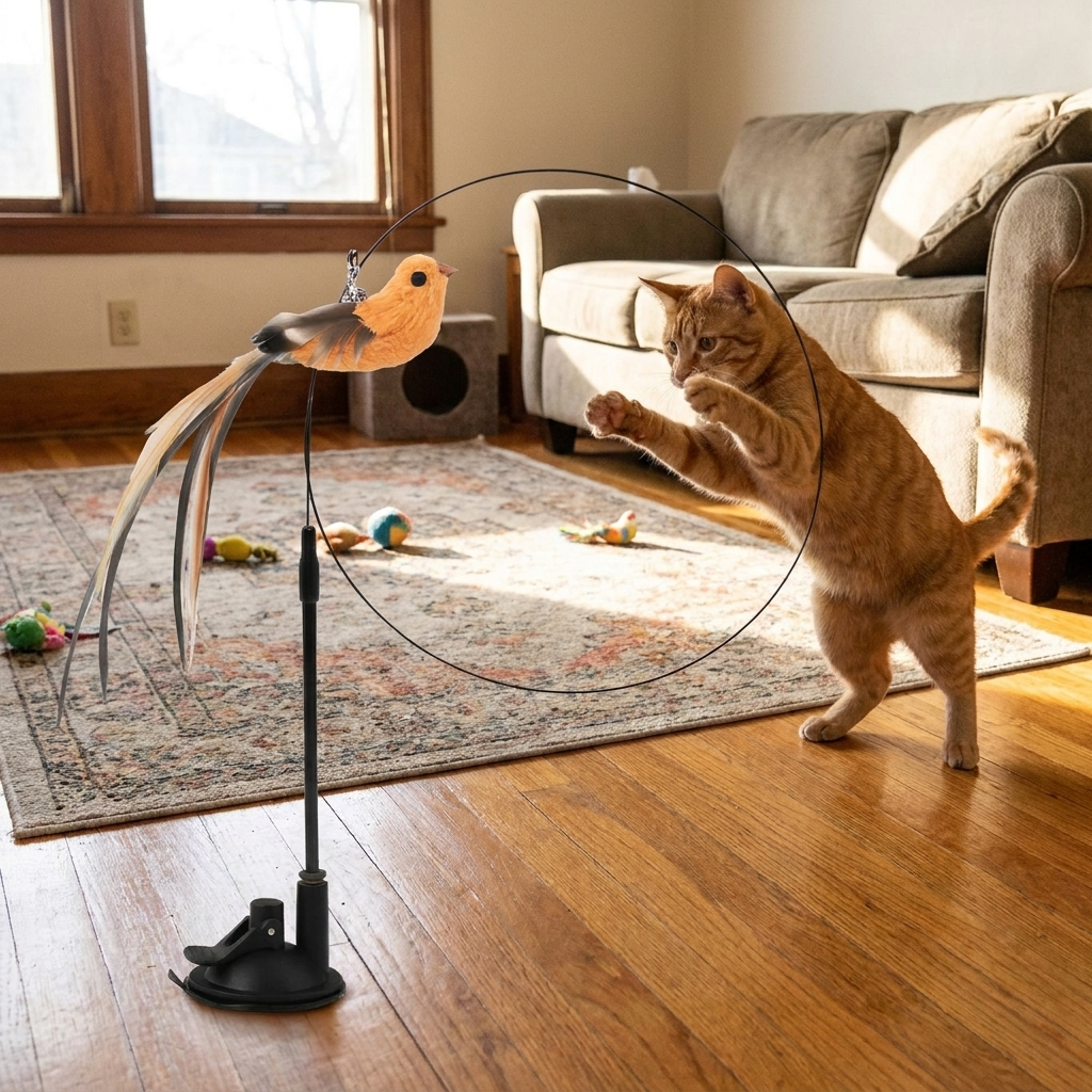 Simulated bird cat feather toy in use