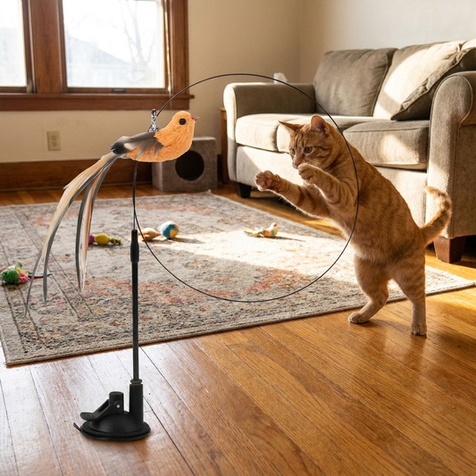 Simulated bird cat feather toy in use
