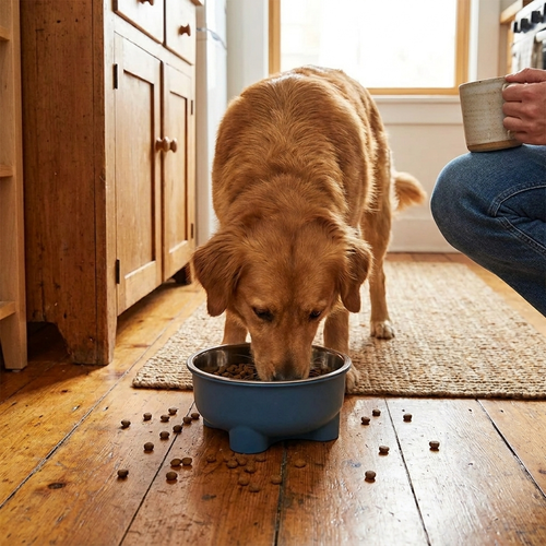 Anti-slip stainless steel dog bowl in use