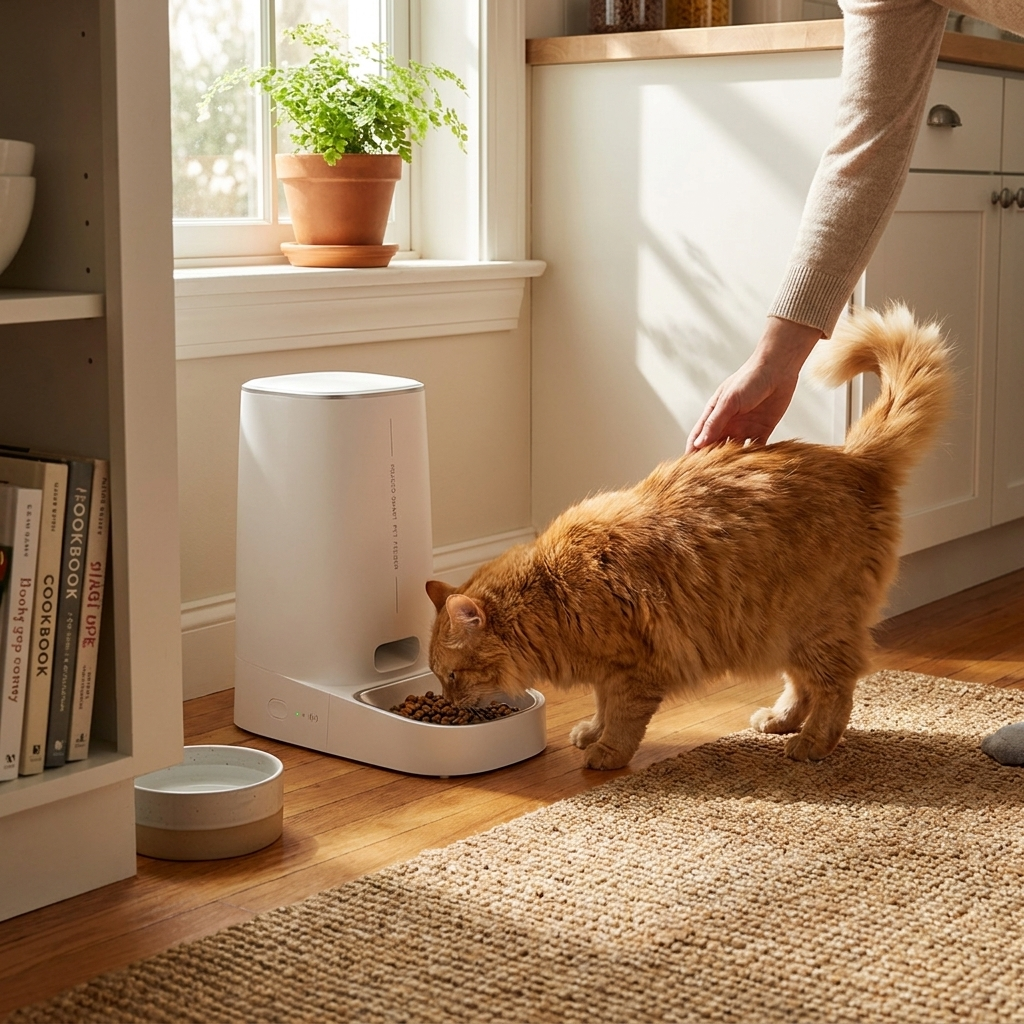 Automatic smart cat feeder in use