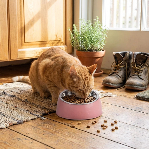 Raised tilt pet feeder bowl in use