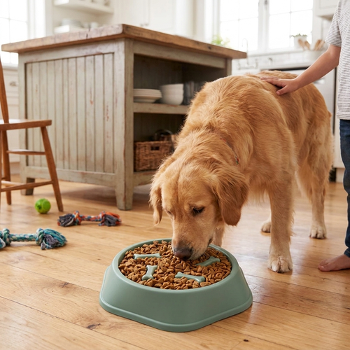 Slow food anti-choking dog bowl in use