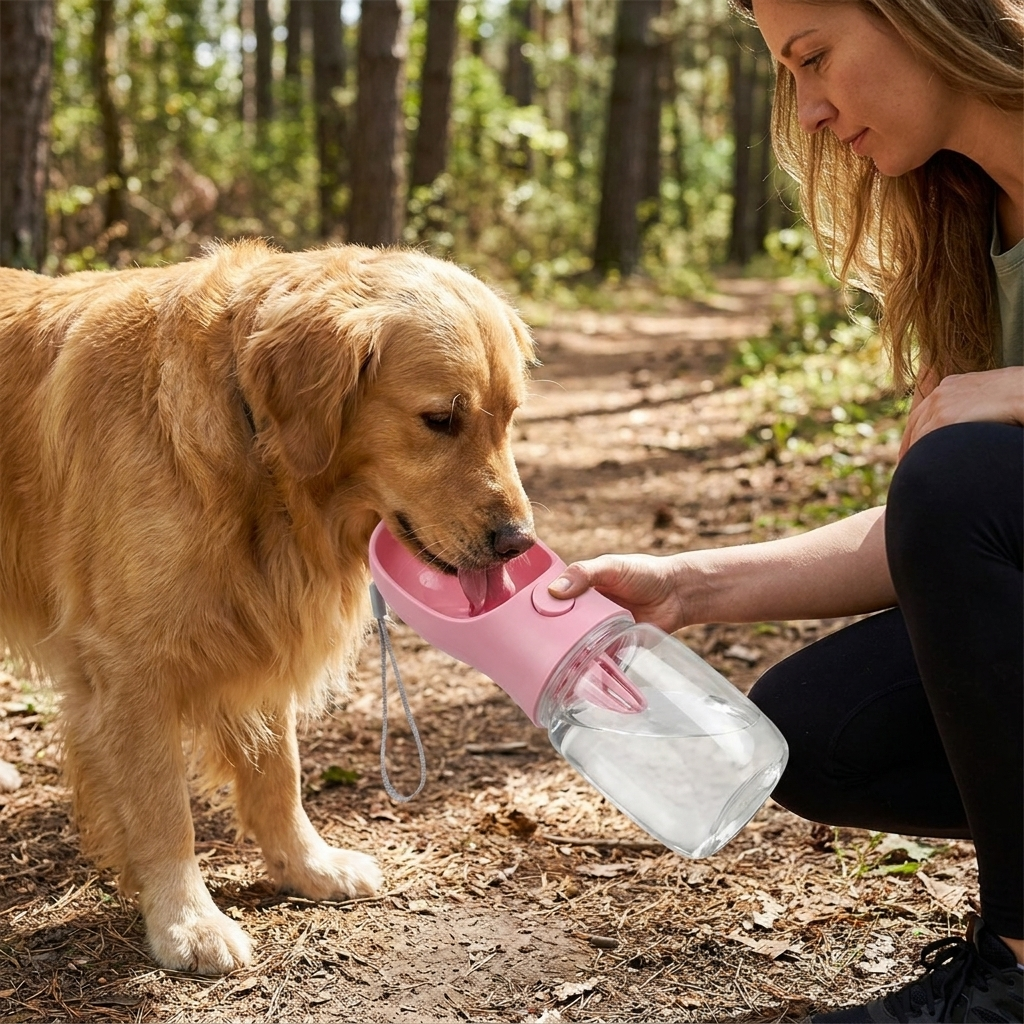 Portable pet water bottle in use