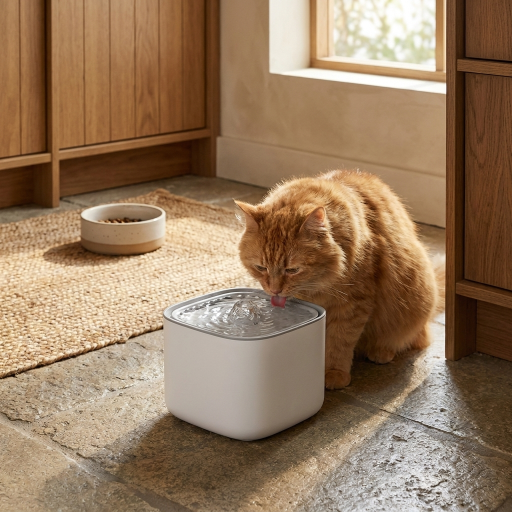 Cat water fountain in use
