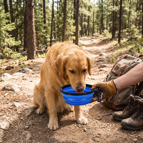 Pet folding travel bowl in use