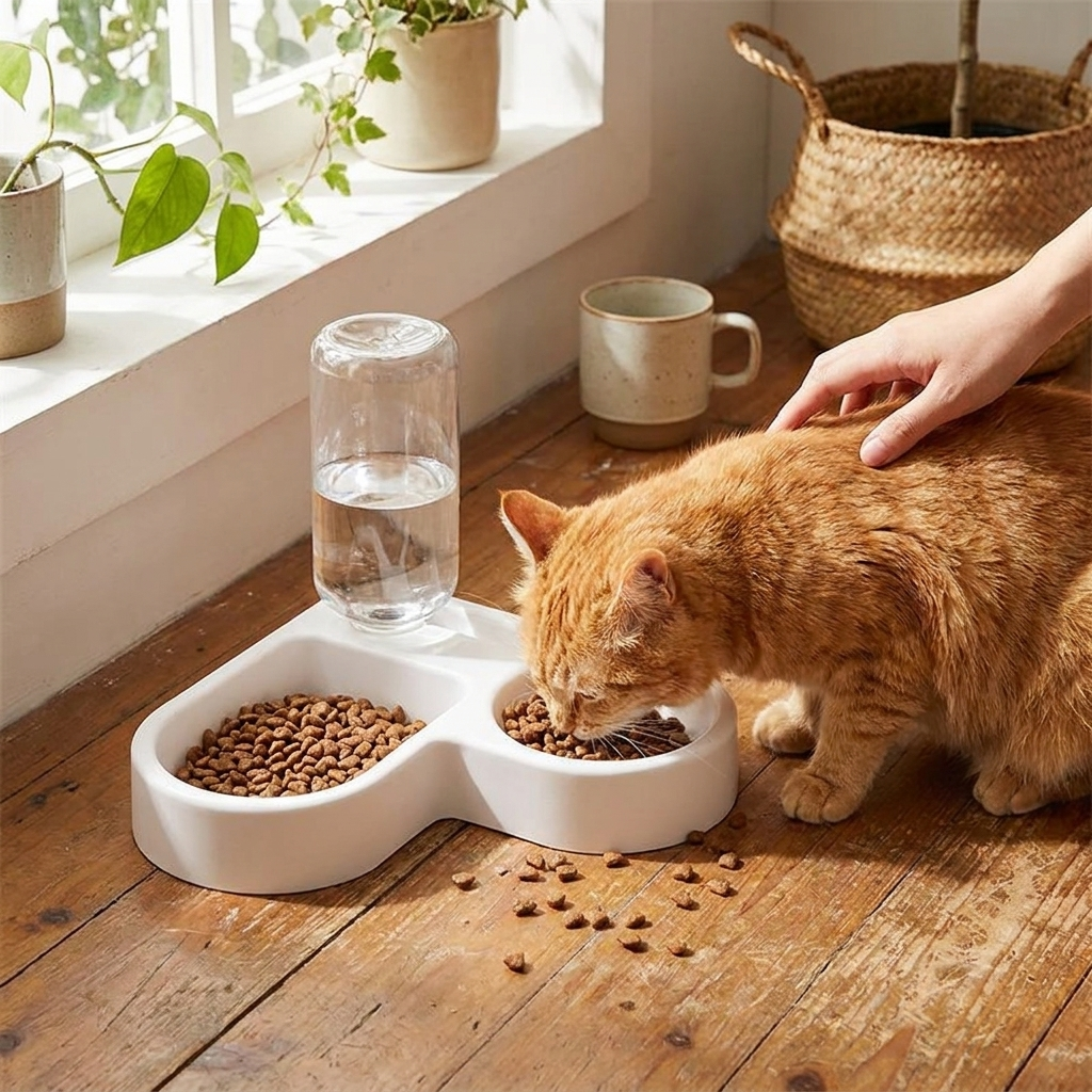 Double dog and cat bowl set in use