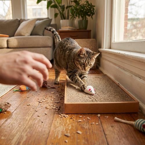 Cat scratching board mat in use