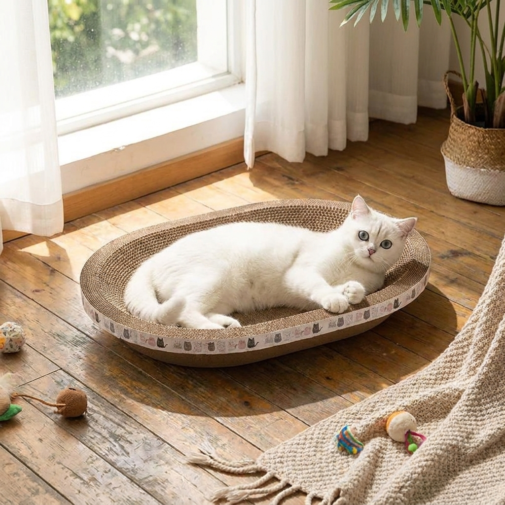 Corrugated cat scratcher in use