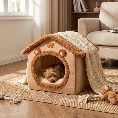 Foldable pet house in use