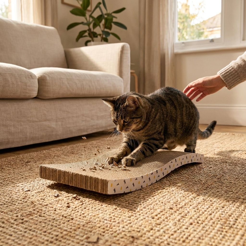 Cardboard cat scratching board box in use