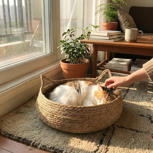Handmade Woven Cat Bed with Seasonal Pad